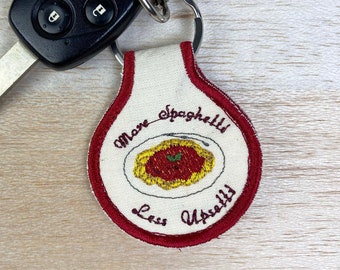 Spaghetti Scrap Fabric Patch Keychain. Embroidered Spaghetti Keychain.