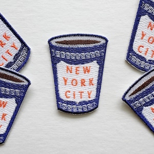 Embroidered NYC Coffee Cup Iron-On Patch - Dark Blue