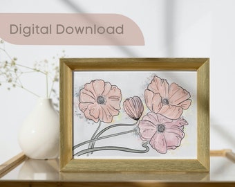 Pink Poppy Flower Print, Wall Art, Printable Wall Art, Bouquet Art, Floral Wall Art, Digital Download