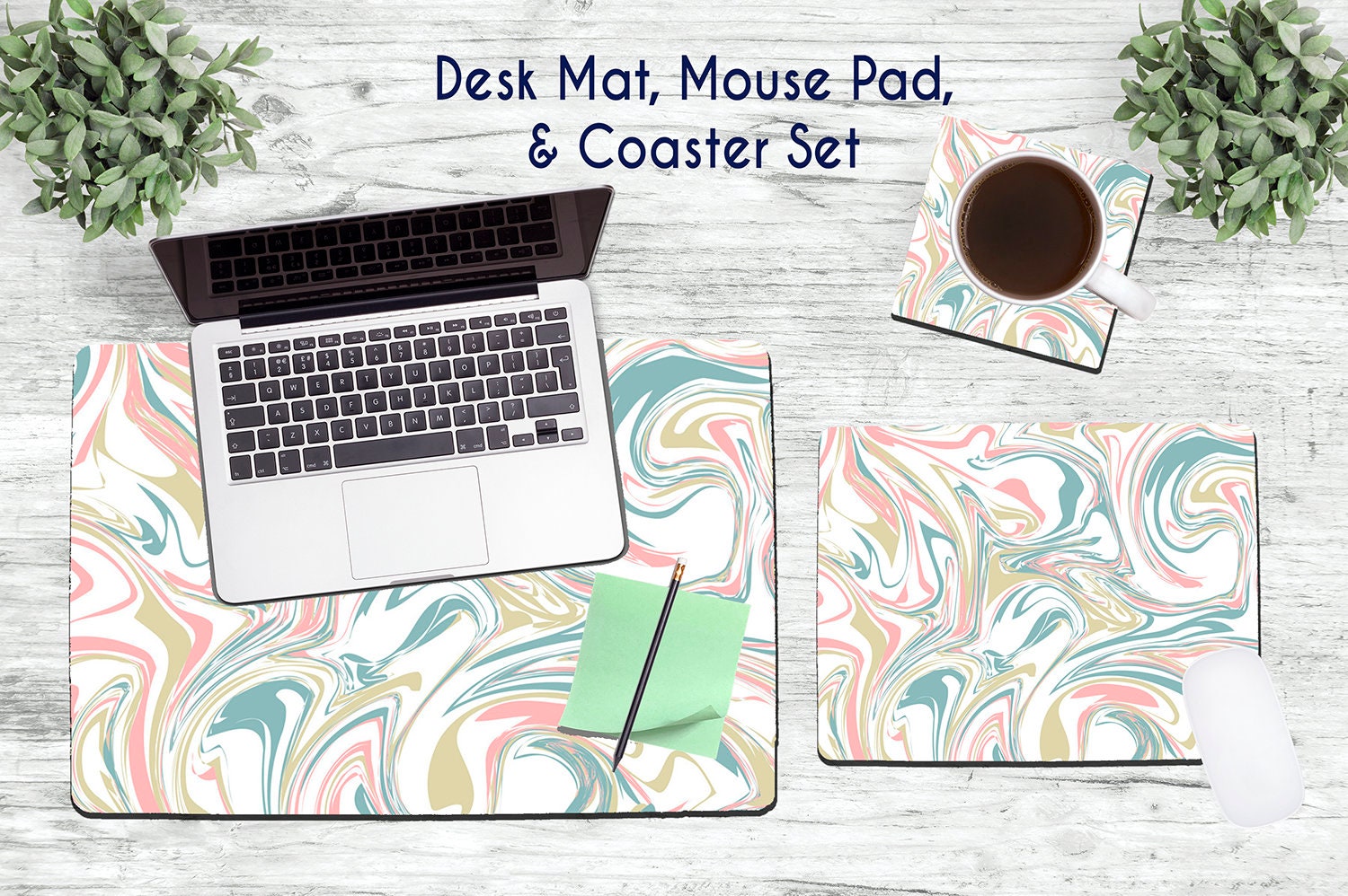 Multi Colored Marble Desk Set Desk Accessories Mouse Pad