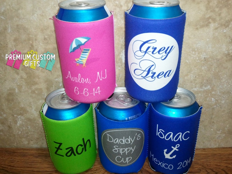 Neoprene Can Coolers Vacation Can Coolies Set of 5 Personalized Can Coolers Wedding Favor Custom Can Coolers Bachelorette Party