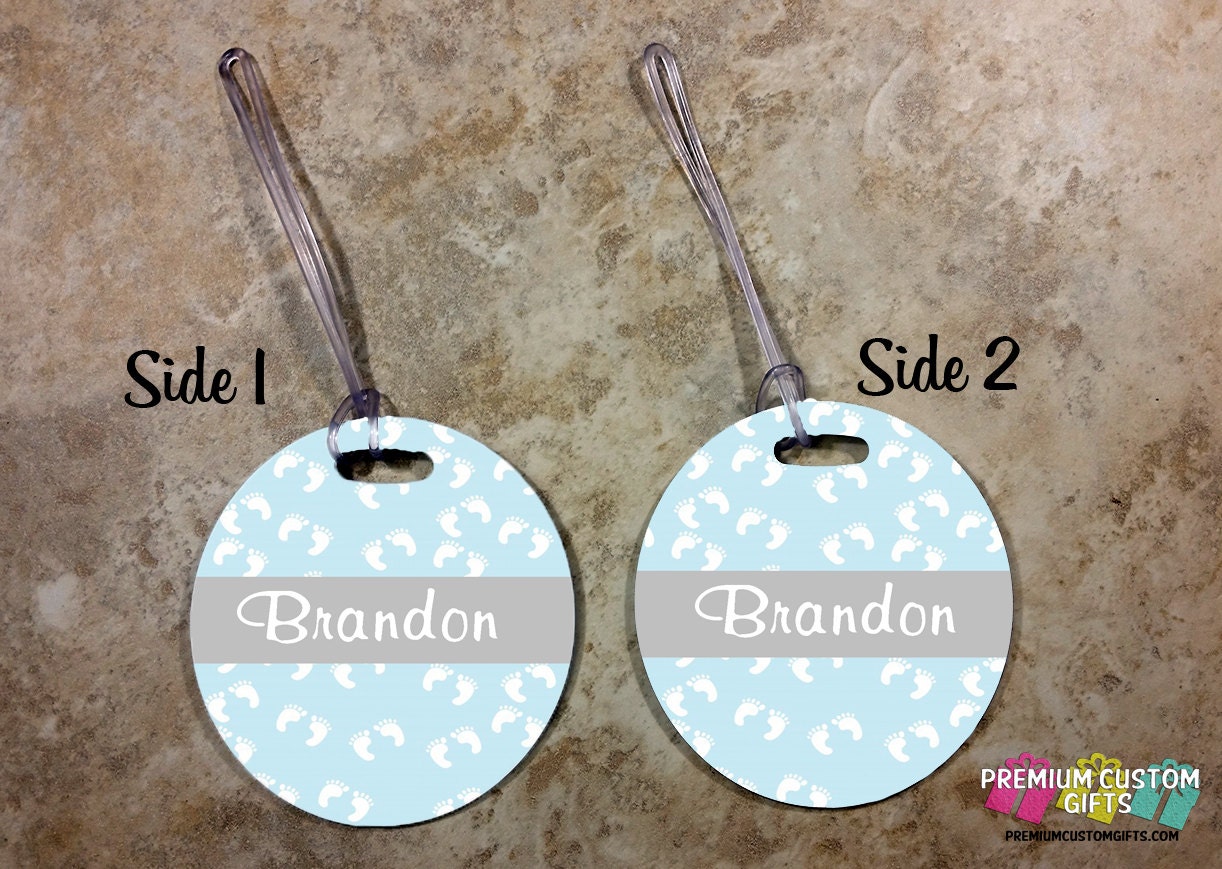round personalized baby bag tag for boy or girl travel luggage