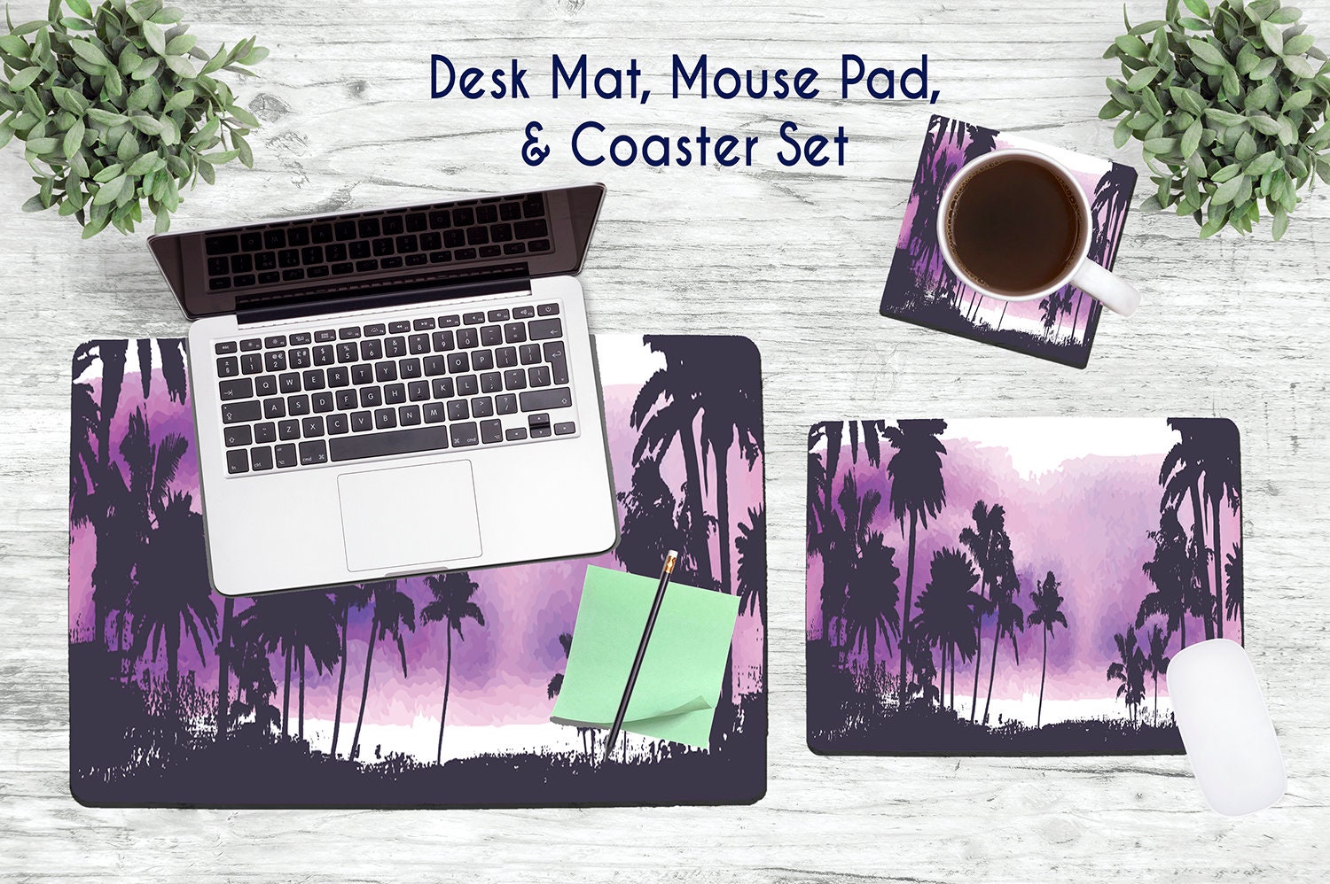 Purple Palm Trees Desk Set Desk Accessories Mouse Pad Desk