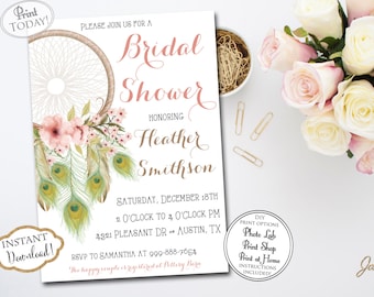 INSTANT DOWNLOAD - Boho Bohemian Dream Catcher Bridal Shower Invitation - Watercolor Feather Dreamcatcher Bridal Shower - Tribal - 0187