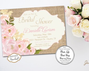 INSTANT DOWNLOAD - Floral Watercolor Blush Pink & Burlap Bridal Shower Invitation - Burlap Bridal Shower - Shabby Rustic Bridal Shower 0166