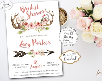 INSTANT DOWNLOAD - Antler Pink Floral Boho Tribal Antler Feather BRIDAL Shower Invitation - Watercolor Bridal Shower - Boho Bridal - 0192