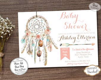 INSTANT DOWNLOAD - Dream Catcher Baby Shower Invitation Boho Bohemian  - Watercolor Feather Dreamcatcher Baby Shower - Tribal Aztec - 0332