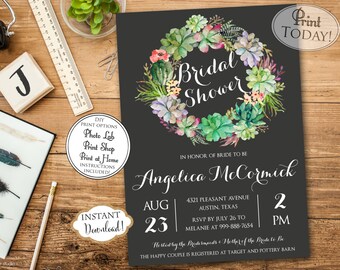 INSTANT DOWNLOAD - Boho Bohemian Floral Succulent Bridal Shower Invitation - Southwest Succulent Shower Invite - Green Floral Bridal - 0211