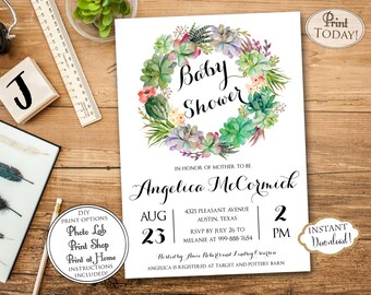 INSTANT DOWNLOAD - Boho Bohemian Floral Succulent Baby Shower Invitation - Southwest Succulent Shower Invite - Green Floral Baby - 0210