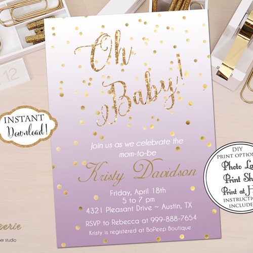Princess Baby Shower Invitation Purple Lavender Gold Etsy