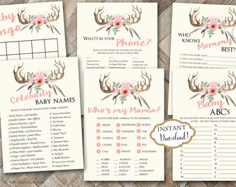 INSTANT DOWNLOAD - Pink Floral Boho Tribal Antler Feather Floral BABY Games Package - Printable Shower Games - Boho Baby Shower - 0142