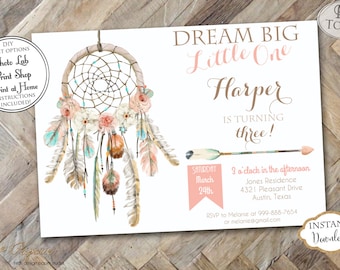 INSTANT DOWNLOAD - Wild One Dream Catcher Dreamcatcher Tribal Birthday Party Invitation - Pow Wow Aztec Feather Birthday - Arrows Boho 0334
