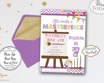 INSTANT DOWNLOAD - Art Birthday Party Invitation - Rainbow Art Party Invite - Paint Party Invitation - Painting Craft Birthday Party - 0203