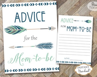 INSTANT DOWNLOAD - Navy Mint Tribal Feather Arrow Advice for Mom to Be Sign - Pow Wow Baby Shower - Tribal Baby Shower - Aztec - 0339