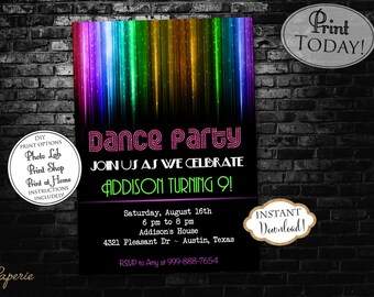 INSTANT DOWNLOAD - Neon Glow Party Dance Party Birthday Invitation - Dance Party - Disco - Glow Birthday Invitation - Neon Rainbow Disco