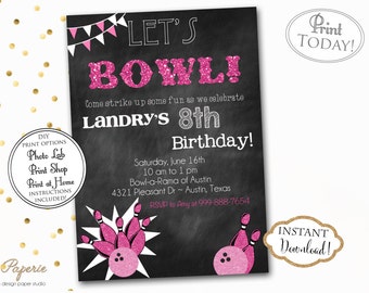 INSTANT DOWNLOAD - Pink Glitter Girls Bowling Birthday Invitation - Bowling Party - Bowl Birthday Party - Vintage Chalkboard Bowl Invitation