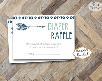 INSTANT DOWNLOAD - Diaper Raffle Card Aztec Tribal Feather Arrow Navy Mint - Pow Wow Diaper Raffle - Diaper Raffle Insert - 0339