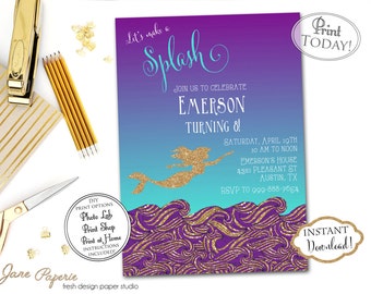 INSTANT DOWNLOAD - Glitter Mermaid Purple Teal  Birthday Invitation - Mermaid Silhouette - Under the Sea Birthday - Mermaid Party - 0184