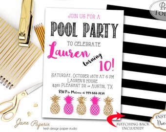 INSTANT DOWNLOAD - Pineapple Pool Party Birthday Invitation - Glitter Pool Beach Birthday Party Invitation - Pineapple Invite - Beach