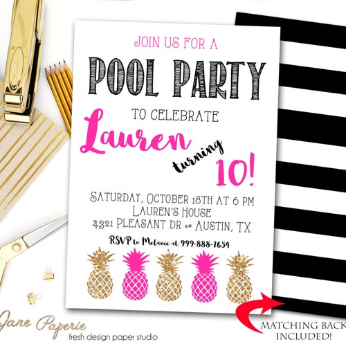 INSTANT DOWNLOAD - Pineapple Pool Party Birthday Invitation - Glitter Pool Beach Birthday Party Invitation - Pineapple Invite - Beach