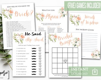 Floral Greenery BRIDAL Games Package - Geometric Floral Printable Bridal Shower Games - Gold Peony Shower Game Pack - Instant Download 0772