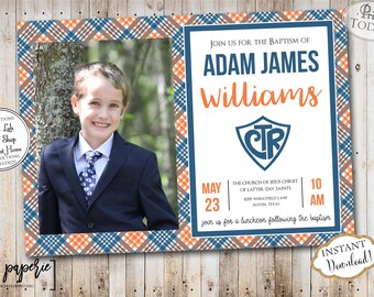 INSTANT DOWNLOAD - Editable LDS Baptism Invitation - Navy Blue and Orange Plaid - Boy Baptism Invitation  - Printable baptism Announcement