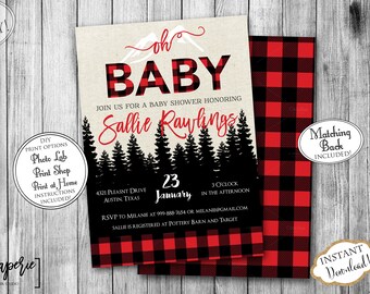 INSTANT DOWNLOAD - Lumberjack Plaid Christmas Baby Shower Invitation - Deer Antler Holiday Baby Shower - Winter Buffalo Plaid Invite 0663