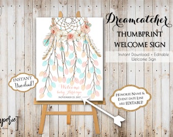 INSTANT DOWNLOAD Dreamcatcher Thumbprint Guestbook - Baby OR Bridal Shower Fingerprint Welcome Sign - Dream Catcher Wild One 0332 0333 0334