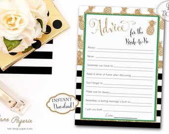 INSTANT DOWNLOAD Bridal Shower Advice Card - Black Stripe & Gold Glitter - Tropical Pineapple - Pineapple Advice Card - Luau Advice - 0161