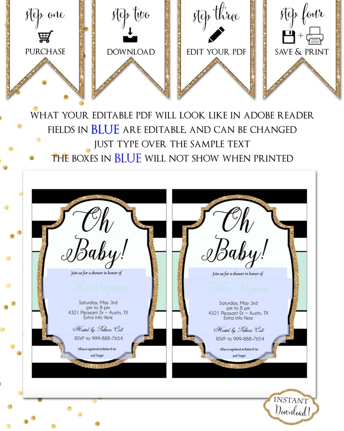 INSTANT DOWNLOAD Oh Baby Mint Baby Shower Invitation Black Etsy