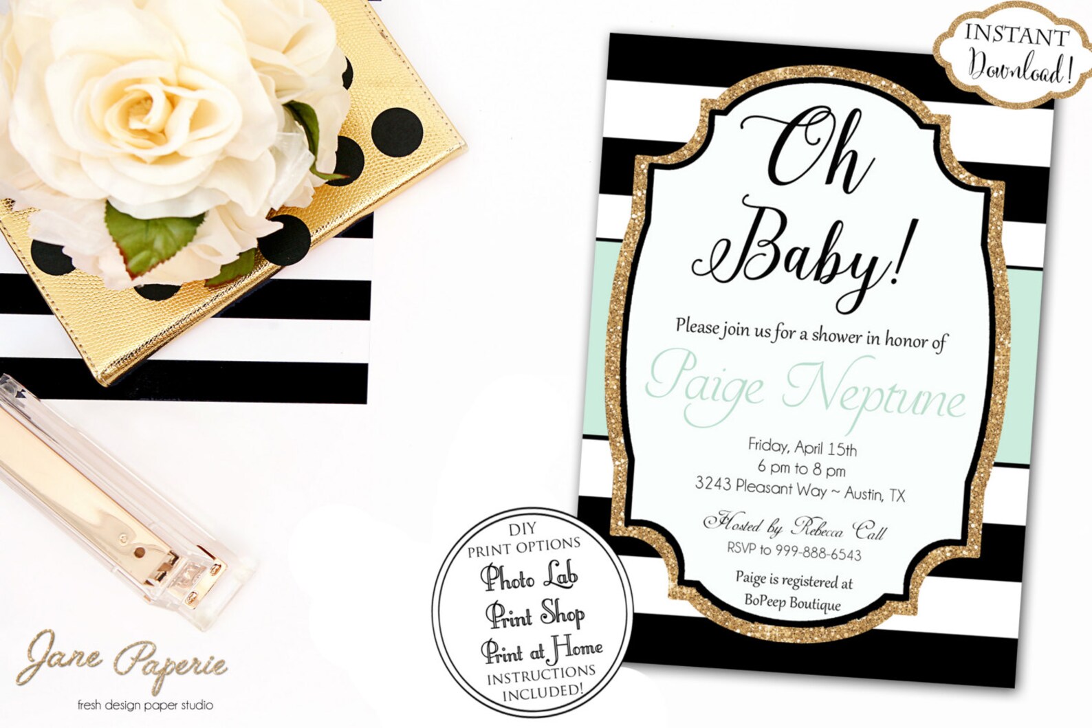 INSTANT DOWNLOAD Oh Baby Mint Baby Shower Invitation Black Etsy