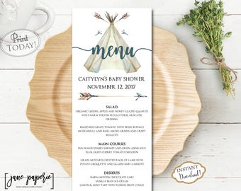 INSTANT DOWNLOAD - Boho Wedding Menu Template - Teepee Aztec Printable Menu - Editable Menu - Pow Wow Tee Pee Menu Card - Wild One 0441 0442