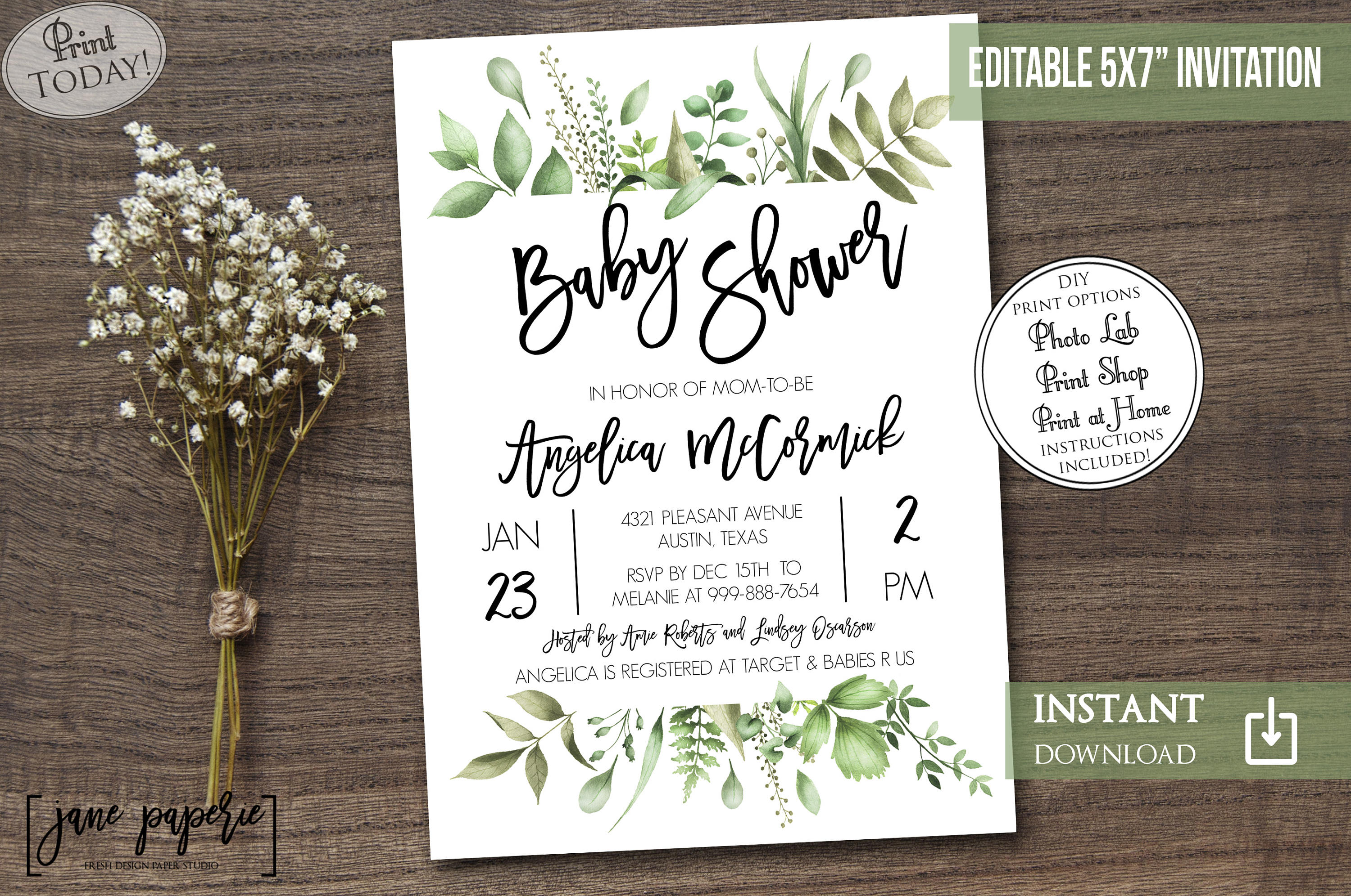 INSTANT DOWNLOAD Greenery Baby Shower Invitation Leafy Etsy Ireland