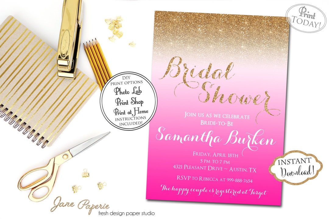 INSTANT DOWNLOAD Hot Pink Ombre Bridal Shower Invitation Gold Glitter ...