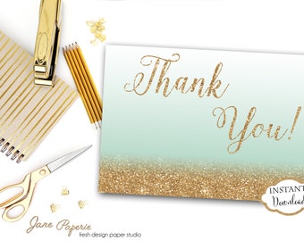 INSTANT DOWNLOAD - Mint Ombre Gold Thank You Card - Gold Glitter Ombre Thank You Note - 0162