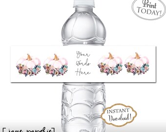 Fall Pumpkin Water Bottle Labels - Bridal Baby Shower Water Bottle Label - Autumn Wedding Water Bottle Labels - Floral Pumpkin Label 0880