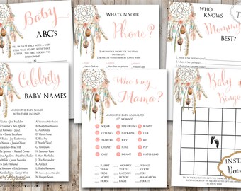 INSTANT DOWNLOAD - Dream Catcher Boho Tribal Feather Floral BABY Games Package - Printable Shower Games - Dreamcatcher Baby Shower - 0332