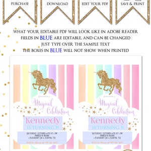 INSTANT DOWNLOAD Pastel Rainbow Unicorn Birthday Party Invitation Glitter Unicorn Invite Rainbow Party Unicorn Party Gold 0449 image 3