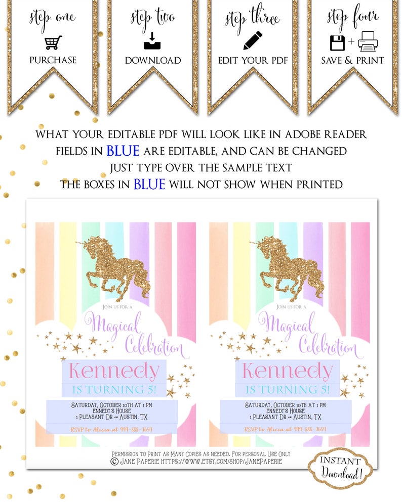 INSTANT DOWNLOAD Pastel Rainbow Unicorn Birthday Party Invitation Glitter Unicorn Invite Rainbow Party Unicorn Party Gold 0449 image 3