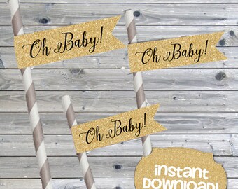 INSTANT DOWNLOAD - Straw Flags - Printable Straw Flags - Gold Glitter Straw Flags - Cupcake Flags