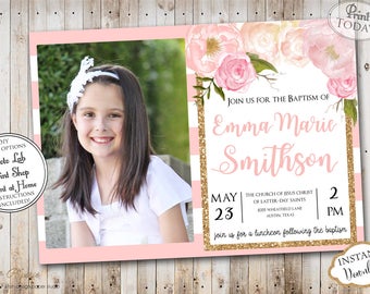 INSTANT DOWNLOAD - Editable LDS Baptism Invitation - Floral Glitter - Girl Baptism Invitation  - Printable baptism Announcement - Mormon