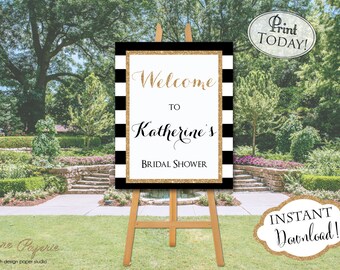 INSTANT DOWNLOAD -Black Stripe Glitter Baby OR Bridal Shower Welcome Sign - Glitter Welcome Sign - Bridal Baby Welcome Poster - 0134 - 0152