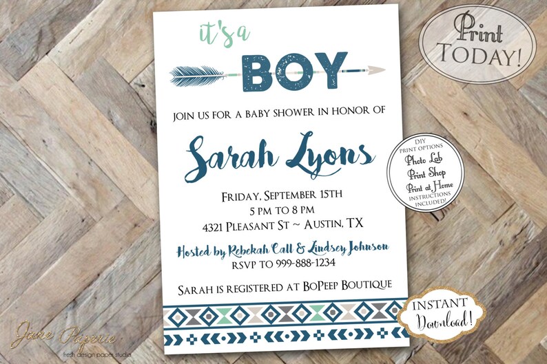 Instant Download Boy Tribal Baby Shower Invitation Boy Etsy