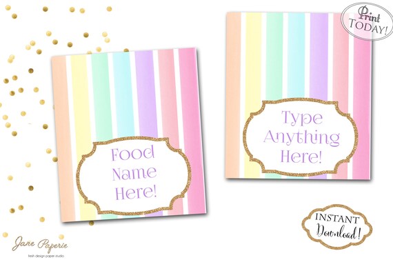 instant download pastel rainbow unicorn food tent labels etsy