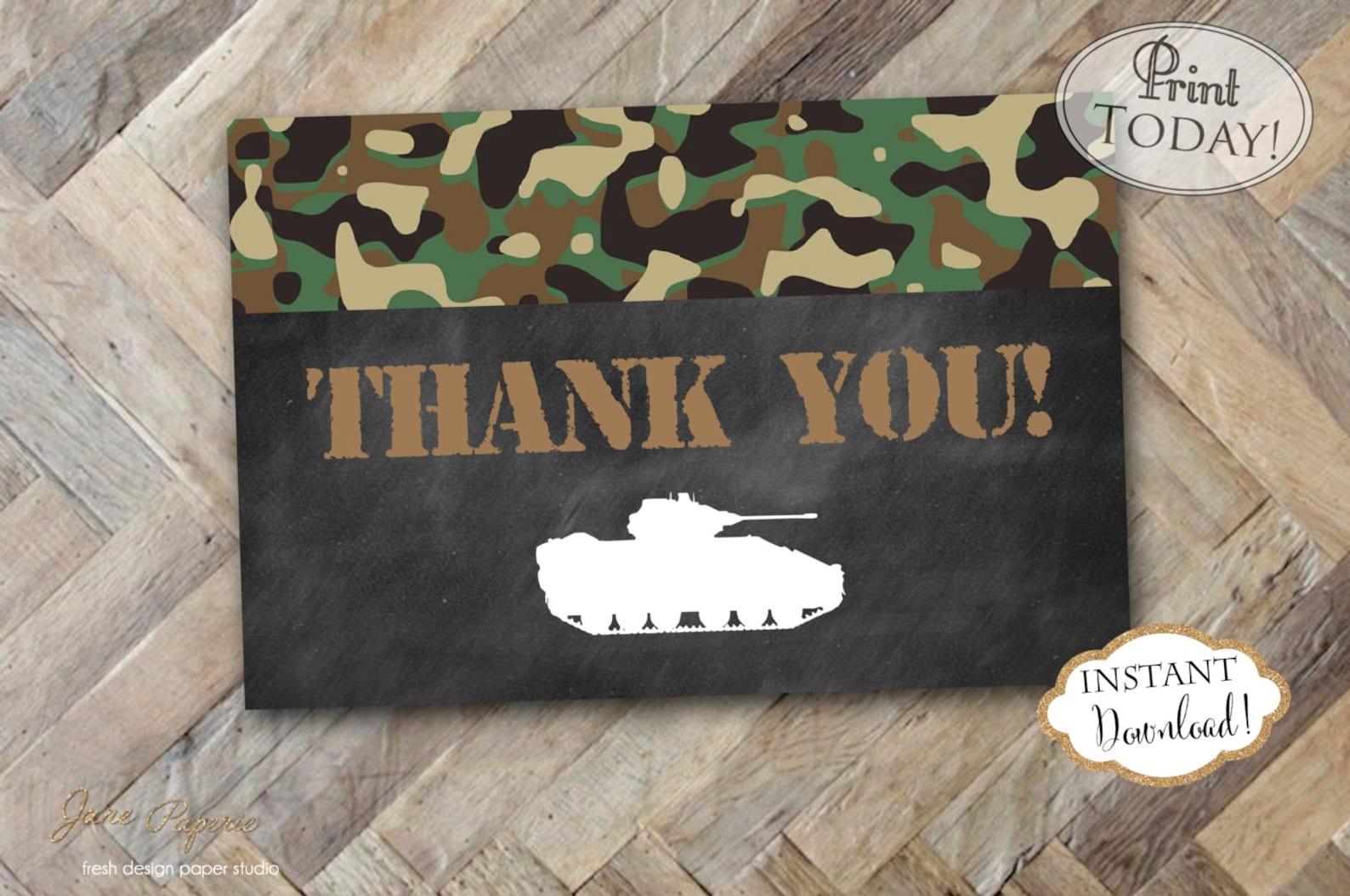 INSTANT DOWNLOAD Army Thank You Card Army Tank Camo Thank Etsy