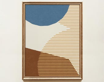 Blue Modern Abstract Print, Neutral Mid-Century Minimalist Wall Art (Unframed)
