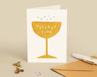 Carte de voeux - boodschap "Célébration" - champagne felicitatie typografie illustratie gouache - Carte fête des mères