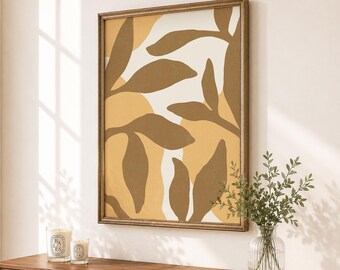 Botanical Wall Art, Brown Gold Yellow Leaf Pattern Print, Organic Earthy Foliage Art, Warm Colors Neutral Home Decor  (Unframed)