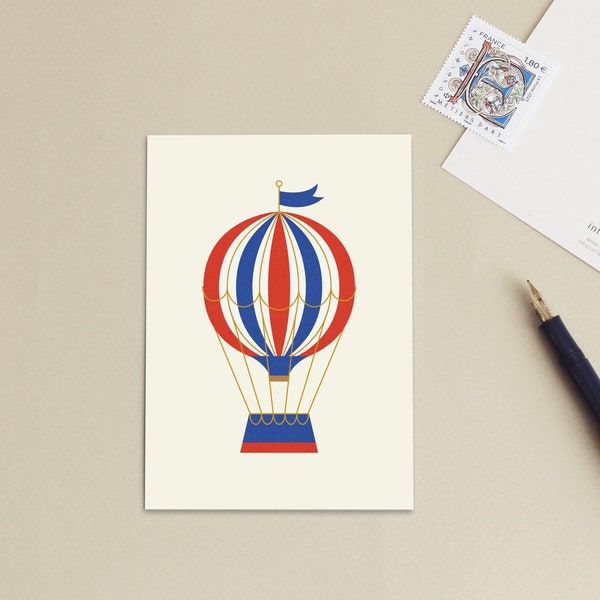 Carte postale / petite affiche - Montgolfière Vintage Rouge Bleu