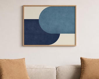 Navy Blue Bauhaus Abstract Print, Textured Japandi Living Room Decor (Unframed)